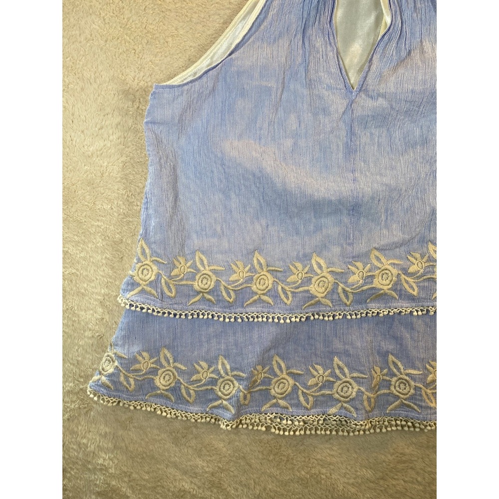 THML Halter Tank Top Embroidered Floral & Tassels Sleeveless Blue White SZ M - Picture 10 of 11